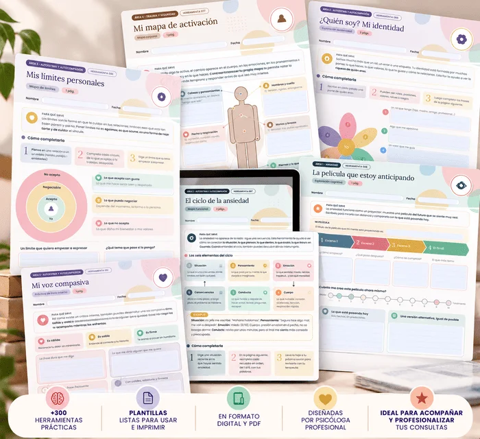 Selección de fichas de las +300 herramientas para psicólogos, impresas y en una tableta